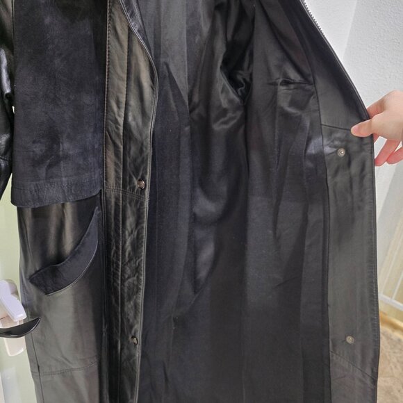 The Old Mill Black Leather Long Jacket XS 100% Leather Vintage Trench Coat Suede - Picture 9 of 11